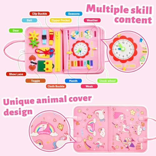 Montessori Busy Board for Toddlers 1-4 Years Old – Sensory Educational Toy for Fine Motor Skills, Travel-Friendly Activity Book, for Boys & Girls, Pink