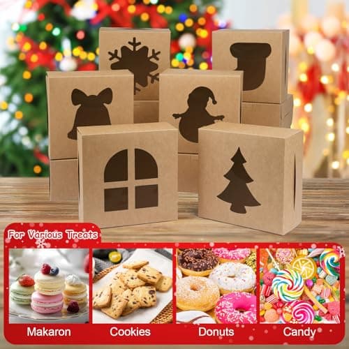 12 PCS Christmas Cookie Boxes, 6×6×3 Inches Treat Boxes Tin, Small Pastry Boxes with Window, for Gift Giving Packaging Dessert Bakery Cupcake Baked Goods (Brown)
