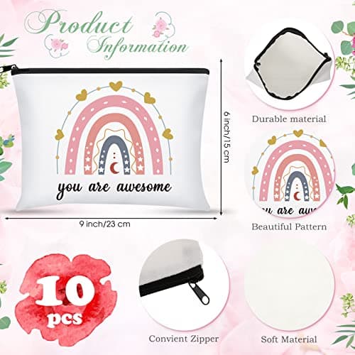 Chunful 10 Pieces Inspirational Canvas Makeup Bags for Women Graduation Gift Rainbow Canvas Cosmetic Bags Bulk with Zipper Friendship Gift Travel Toiletry Pouch(Moon Style)