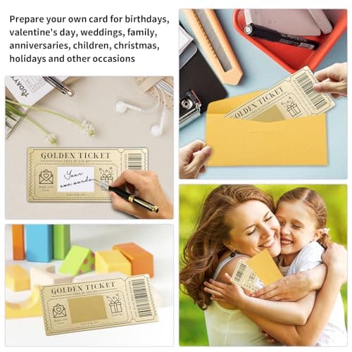 6 Pieces Golden Ticket Scratch-off Cards with Envelopes, Scratch & Reveal Surprise Ticket for Writing Your Own Special for Birthday, Girlfriends, Wives, Valentine's Day Card, Christmas Gift Card