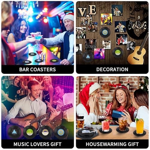 Funny Retro Record Coasters for Drinks with Vinyl Player Holder for Music Lovers,Set of 6 Conversation Piece Sayings Drink Coaster,Housewarming Hostess Wedding Registry Gift Ideas