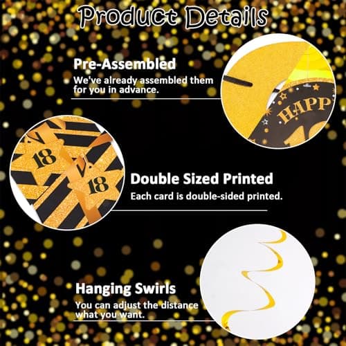 Black & Gold 18th Birthday Banner with 10PCS Swirls - Happy 18th Birthday Decorations for Boys & Girls