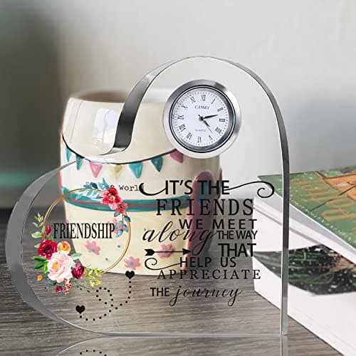 Movdyka Friendship Gifts for Women Friends Crystal Heart 5.9Inch Large Flower Glass with Clock Unique Best Gifts for Women Her Friend Plaque Birthday Gift Idea for Friend Female Presents