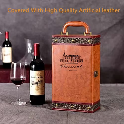 Wine Gift Box with 4 Wine Accessories Set,Portable Two Bottle Wine Carrier Case for Christmas,Wedding, Anniversary, Party,Vintage Leather Wine Storage Box for Home Bar Decor and Wine Collection