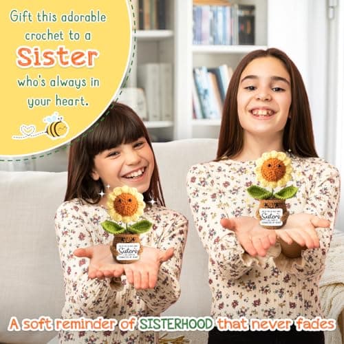 Sister Gifts from Sister - Positive Sunflower Crochet - Side by Side Or Miles Apart Sisters Emotional Sunflower Support Crochet - Birthday, Graduation, Long Distance Gifts for Women, Soul Sisters