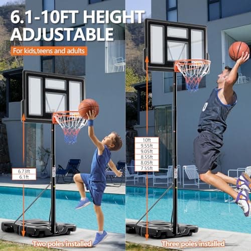 Sweetcrispy Portable Basketball Hoop Outdoor 6.1-10FT Adjustable Height, 44 Inch Shatterproof Backboard/Shock Absorbent Rim, Fillable Base, 2 Wheels for Backyard/Driveway