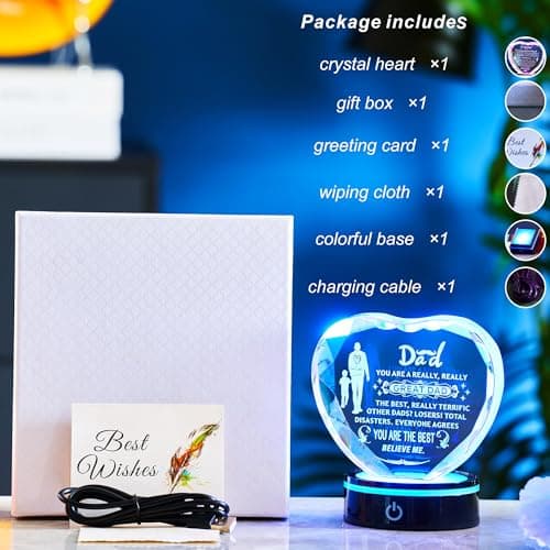 Inspiring Laser Engraved Heart-Shaped Crystal lamp, a Gift for The Best dad, a Gift for Children to give to Fathers, preparing for Dad's Birthday, Father's Day, Christmas, and Valentine's Day