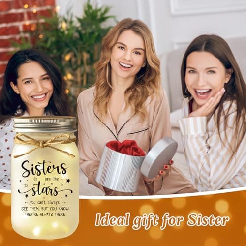 Mason Jar Night Light Gifts for Sister, Sister Birthday Gifts, Sisters Gift for Women, Soul Sister, Best Friend, Long Distance Night Light Gift for Mothers Day Christmas