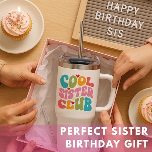 Cool Sister Club Tumbler 40Oz - Big Sis Gift Ideas, Funny Coffee Presents for Her, Cute Sibling Tumbler with Handle for Younger or Older Sisters, Birthday Gifts for Women and Teenage Sis