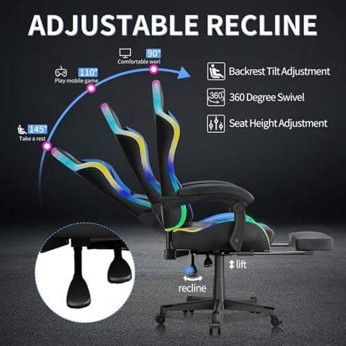 Gaming Chairs for Adults Tall and Kids，Lumbar Support,LED Lights，High Back Reclining Computer Chair with Headrest (Black+Blue)
