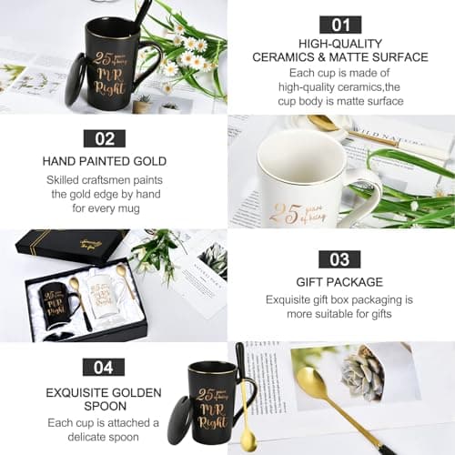 YHRJWN 25th Anniversary Presents, 25th Wedding Anniversary Presents for Couple Parents, 25th Mr Right Mrs Always Right Coffee Mugs, His and Hers Gifts, 14 Oz with Lids, Spoons and Gift Box