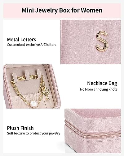 Vlando Birthday Gifts for Women Friendship, Personalized Initial Jewelry Box, Friendship Gifts for Women Friends, Travel Essentials Small Jewelry Box, Travel Box for Girls - Letter J, Pink
