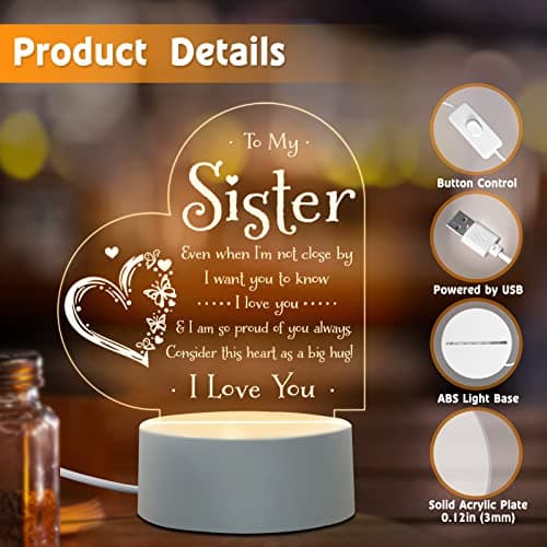 Afterprints Sister Gifts - to My Sister Night Light, Sister Birthday Gifts, Sisters Gifts from Sister Brother on Graduation, Wedding, Christmas, Engraved Night Lamp