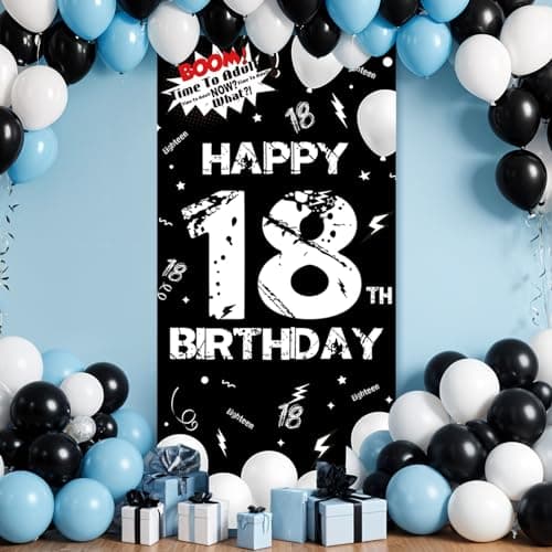 Fabric 18th Birthday Backdrop Banner Black White, Happy 18th Birthday Decoration for Men Women, 18 Year Old Birthday Party Yard Sign Photo Props Door Decor Supplies for Outdoor Indoor