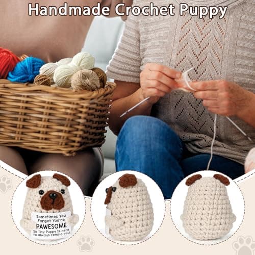 Positive Crochet Animals Puppy for Mom Women Friend Birthday, Emotional Inspirational Support Presents for Pet Lover Dog Mom Dad, Cute Handmade Tiny Pug Plush Doll