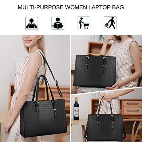 Laptop Bag for Women 15.6 Inch Laptop Tote Bag Leather Classy Computer Briefcase for Work Waterproof Handbag Professional Shoulder Bag Women Business Office Bag Large Capacity Black