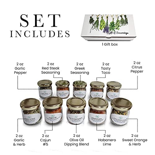 C&J Farms Texas Gourmet Artisan Seasonings Gift of Seasonings Gift Set- 10 Pc. Variety Sampler Box- Natural Herbs, Spices, and Salts for Kitchen Rack