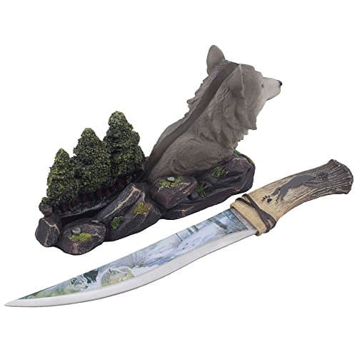 Home 'n Gifts Decorative Gray Wolf Hunting Knife on Display Stand with Stainless Steel Blade for Rustic Cabin & Lodge Decor As Shelf, Mantel or Desk Decorations or Gifts for Hunters and Outdoorsmen