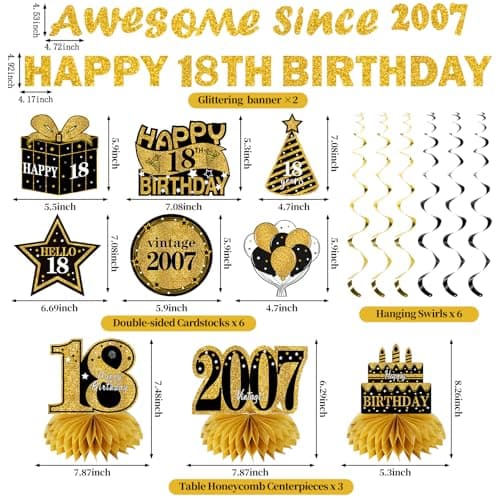11Pcs 18th Birthday Decorations Kit for Men Women, Black Gold Happy 18th Birthday Banner, Awesome Since 2007 Centerpieces Swirls Party Supplies, Eighteen Bday Banner Ceiling Table Topper Sign
