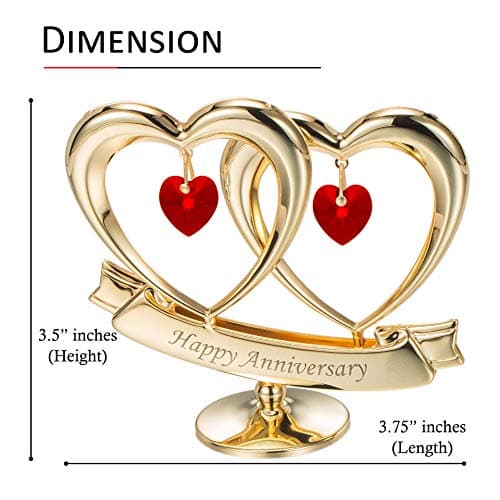 Matashi 24K Gold Plated "Happy Anniversary" Double Heart Table Top Ornament With Red-Cut Crystals