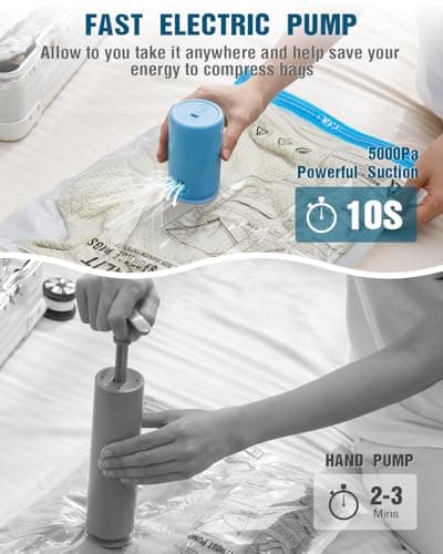 Vacuum Storage Bags for Travel, 8 Pack (4S+4XS) Vacuum Seal Bags with Wireless Rechargeable Electric Pump, Travel Essentials Space Saving Compression Bag for Clothes, Luggage, Suitcase, Backpack, Trip