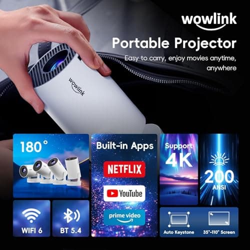 [Built-in Apps & 2025 Upgraded] Mini Projector with WiFi 6 and Bluetooth 5.4 Support 4K 1080P Auto Keystone 180° Rotatable Projector Portable Compatibile with HDMI/TV Stick/Memory Stick/Laptop, White