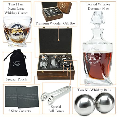 Personalized Whiskey Decanter and Stones Set - Customized Gift for Him - Men, Dad, Father - Engraved Twisted Decanter,2 Twisted Glasses, 2 XL Chilling Balls, Coasters, Tongs in Wooden Gift Box