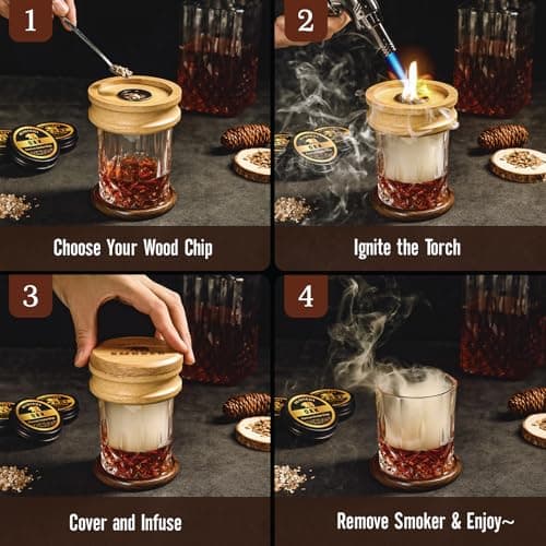Whiskey Smoker Kit with Torch - 6 Natural Wood Chips Flavors, 2 Glasses, 2 Ice Molds - Cocktail Smoker Infuser Kit, Old Fashioned Smoker Kit, Birthday Bourbon Whiskey Gifts for Men, Dad(No Butane)