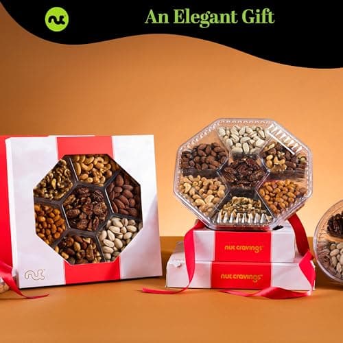 NUT CRAVINGS - Diwali Mixed Nuts Gift Basket in Red Gold Box (7 Assortments, 1 LB) Food Arrangement, Healthy Snack Care Package, Food Assortments