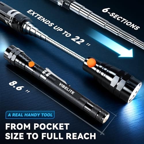 VIBELITE Extendable Magnetic Flashlight with Telescoping Magnet Pickup Tool-Cool Gadget Birthday for Men, Dad, Husband, Him, Father, Mechanic,Tech, Handyman, Boyfriend, Women, Black