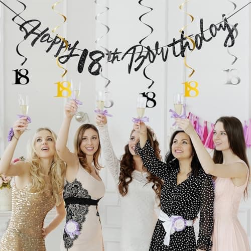 18th Birthday Decorations for Boys Swirls Streamers Set, Hanging Vortex Happy 18th Birthday Banner for Girls, Black and Gold 18 Birthday Decor Party Bunting