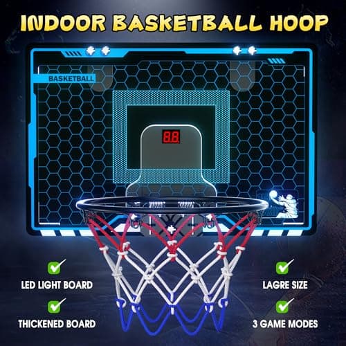 HopeRock Indoor Mini Basketball Hoop for Kids, Basketball Hoops Over The Door with LED Lighting, Mini Hoop with Scoreboard & 3 Balls, Basketball Toys Gifts for 5 6 7 8 9 10 11 12 Year Old Boys Girls