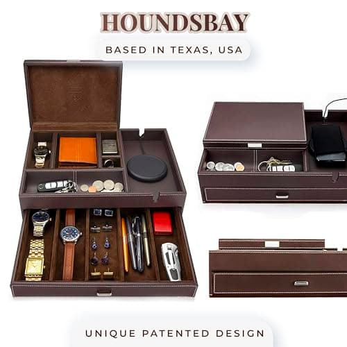 Mens Watch Box Leather Valet Tray - Bedside Table Organizer, Men's Jewelry Box, Watch Case for Men with Large Smartphone Charging Station - Jewelry Box for Men with Valet Box and Nightstand Organizer