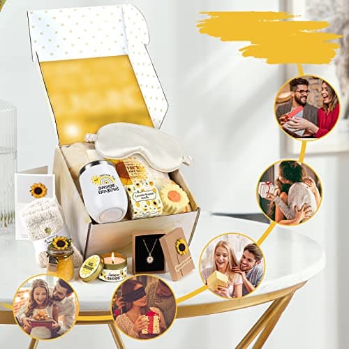 Sending Sunshine Gift, Sunflower Gifts for Women, Care Package, Birthday Gifts Box, Get Well Soon Gifts Basket Thinking of You Gift for Women, Friend, Sister, Mom with Inspirational Blanket