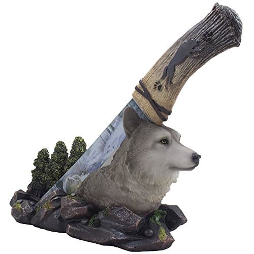 Home 'n Gifts Decorative Gray Wolf Hunting Knife on Display Stand with Stainless Steel Blade for Rustic Cabin & Lodge Decor As Shelf, Mantel or Desk Decorations or Gifts for Hunters and Outdoorsmen