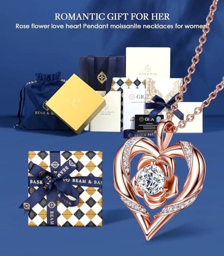 Rose Flower Heart Moissanite Necklaces for Wife, S925 Silver Pendant for Women, 18K Gold Plated Jewelry for Her Girlfriend Mom for Anniversary Birthday