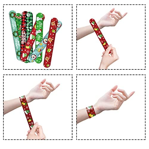 CCINEE 48Pcs Christmas Slap Bracelets，Xmas Slap Wristbands Assorted Pattern Snap Wristbands for Kids Christmas Party Favors Gift Bag Filler