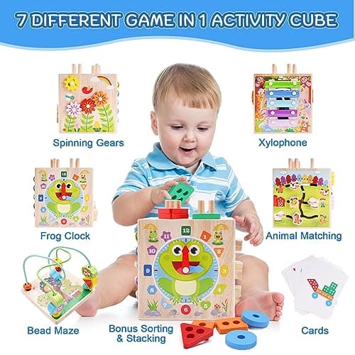 Wooden Activity Cube | Montessori Toys for 1 2 3 Year Old Toddlers | One Year Old 1st First Birthday Gift | Educational Toys for 12+ Months Baby Boys Girls | Bonus Sorting & Stacking Game (Pink)