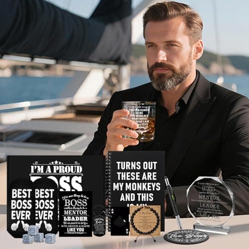 15 Pcs Boss Day Gifts for Men Whiskey Glass Set, Best Boss Ever Gifts with 11 Oz Whisky Glass Coaster Stones Socks Crystal Plaque Spiral Notebook Keychain, Bosses Inspirational Gift from Employees