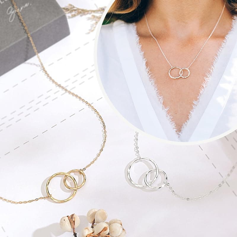 HOPE LOVE SHINE Unbiological Sister Gift - Sister Necklace, Jewelry 16+2", Sterling Silver, 2 Interlocking Rings