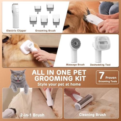 Dog Grooming Vacuum Kit - 3L Vacuum with 7 Tools, Low Noise Electric Clipper and Brush for Pet Shedding at Home, White