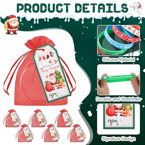 Liliful 72 Pcs Christmas Gifts 24 Set Christmas Students Gifts, Xmas Silicone Wristbands with Gift Label Tags and Organza Bags for Kids Stocking Stuffers Classroom Gift Party Favors(Merry Style)