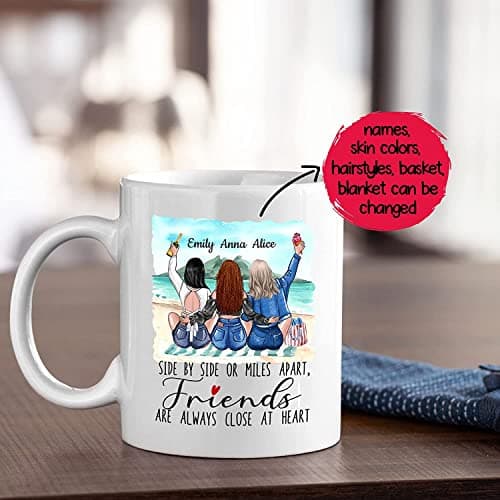 Elido Store Personalized 3 Friends Custom Mug, Side By Side Or Miles Apart Friends Are Always Close At Heart Coffee Mug Gifts For Women, Besties, Soul Sister, Friendship Mugs Custom Names 11oz, 15oz