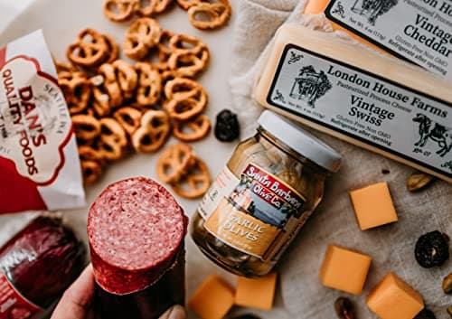 Dan the Sausageman Sounder Gourmet 11 item Snacks Gift Box, Featuring Summer Sausage Beef, Vintage Swiss & Cheddar Cheese, Sweet & Hot Mustard, Pretzels, Addiction Granola, & Garlic Olives, Almond Roca