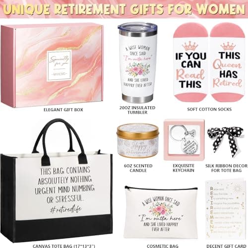Happy Retirement Gift for Woman 2025, Funny Retirement Gifts for Women Coworkers, Cool Retired Gifts for Retirees Women Teacher Nurse Boss Friend Mom Grandma, Farewell Leaving Gift w/ Canvas Tote Bag