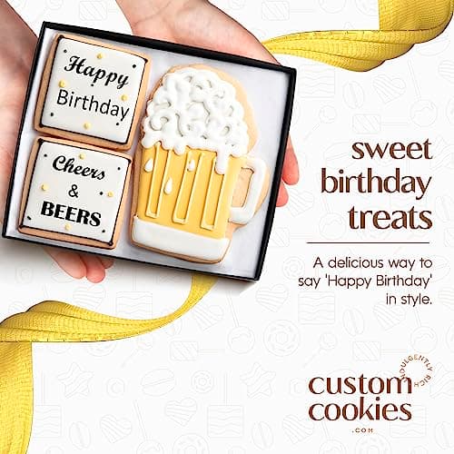 Happy Birthday Gift Basket Custom Sugar Cookies - Happy Birthday Cookies in Gift Box, delivery by Prime - Hand Decorated Kosher Treats for Men, Him, Husband - Bakery & Dessert Gifts as a Birthday Cake
