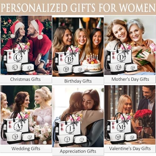 Personalized Christmas Gifts for Women, Initial Canvas Tote Bag & Makeup Bag Monogrammed Beach Tote Bags for Women w/Zipper, Birthday Gifts for Mom Her Sister Friend Girlfriend Wife Daughter Teacher