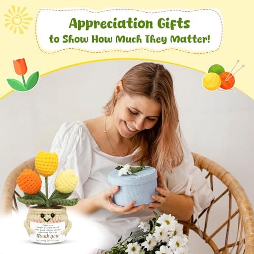 OASSIE Thank You Gifts for Women - Mini Handmade Positive Tulip Flowers Crochet with Message Card - Christmas Birthday Farewell Employee Appreciation Gifts for Coworkers, Emotional Support Crochet