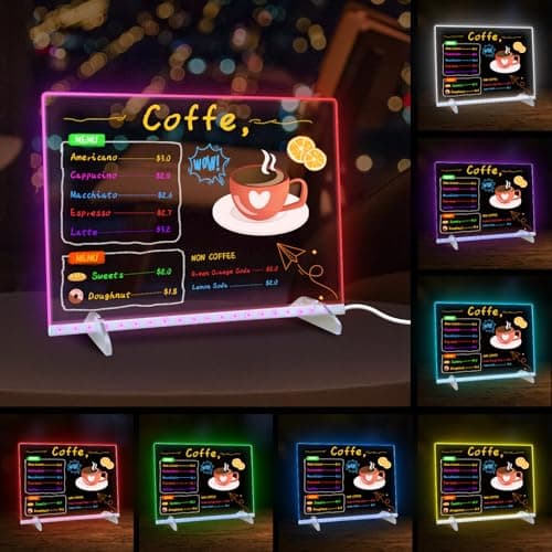 LED Note Board with Colors, 13.7"X10" 4 Modes & 7 Colors Acrylic Dry Erase Board with Light, Include Adapter, Hanging Chain, Led Drawing Board for Kids with Stand, 7 Markers, Spray Bottle