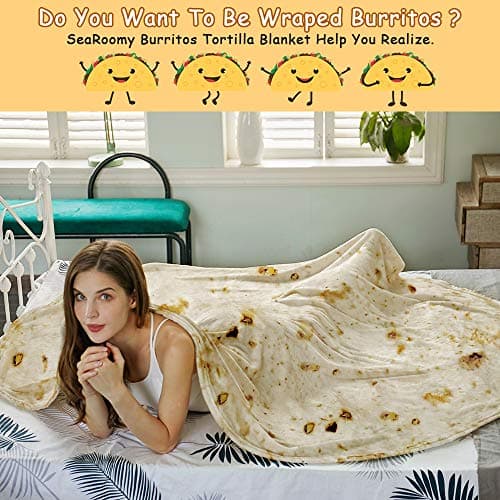 SeaRoomy Burritos Tortilla Blanket, Realistic Food Wrap Blanket Double Sided, Novelty Funny Tortilla Round Giant Soft Blankets (Beige, 47 inches)